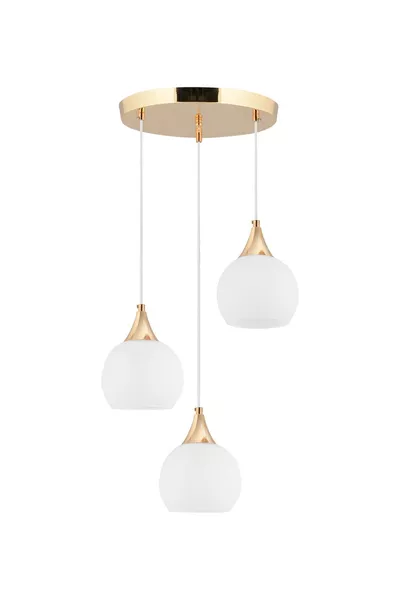 Chandelier with 3 Pendants, Gold Frame, White Opaque Glass