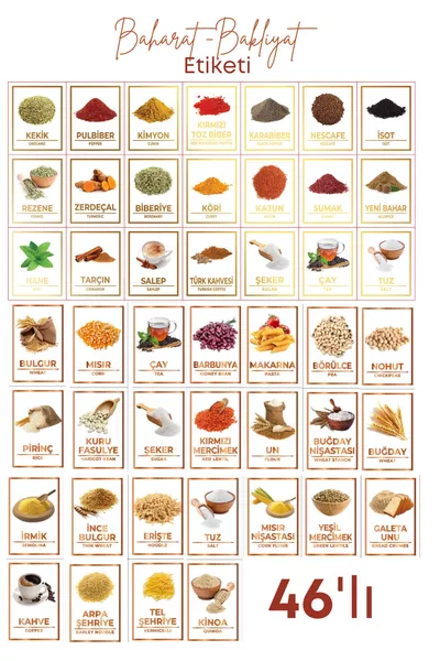 Sticker d'étiquette pour épices, provisions et légumineuses, résistant à l'eau, avec feuilles dorées, couleurs et images, lot de 