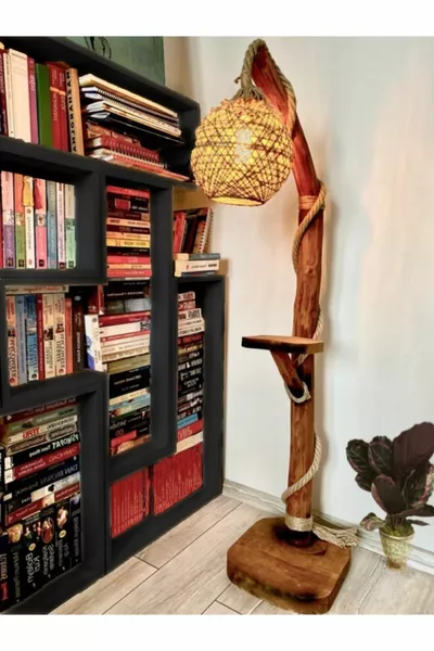 Lampadaire d'angle Firuze en bois naturel, tronc d'arbre  cm