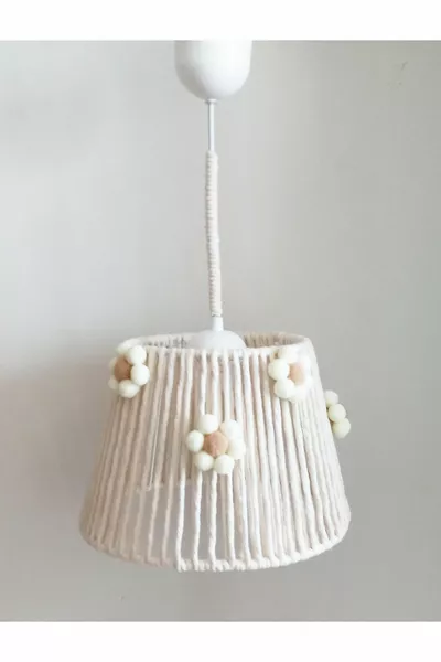 Macrame Off-White Yarn Wrapped Pom Pom Flower Pendant Chandelier for Youth Room, Baby and Children's Room Design