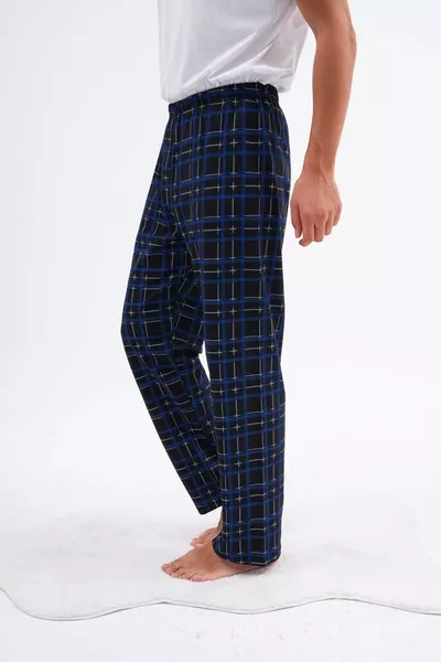 Herren Schlafanzughose ohne Taschen aus Baumwolle mit Karomuster und elastischem Bund, Blau