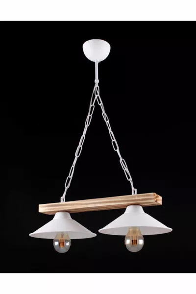 Set of 2 White Wooden Row Pendant Lights with Shades