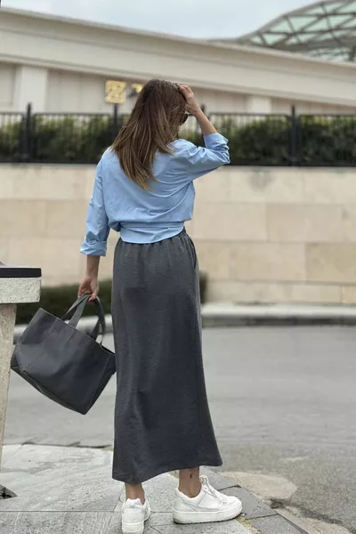 خصر مطاطي أنثراسايت للسيدات ، مقاس مريح ، تنورة طويلة مع جيوب