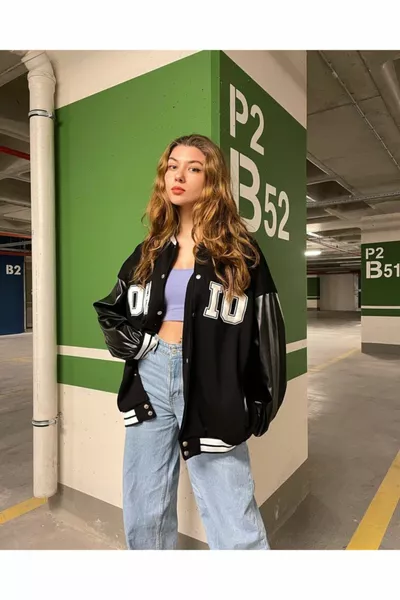 Черно оверсайз кожено яке с кожен ръкав в Охайо