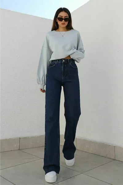 Camelia Lycra Damen Marineblau Super hohe Taille Shabby Leg Denim Denim Palazzo Hose