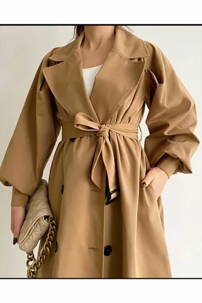 Shoulder Drawstring Buttoned Belted Oversize Pattern Gabardine Trench Coat