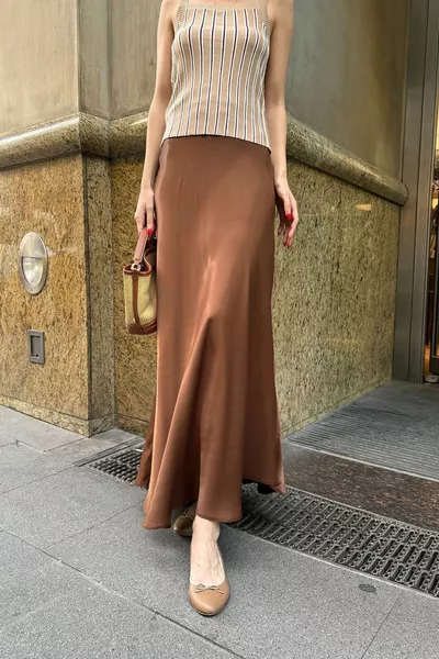 Elasticated Satin Skirt - BROWN
