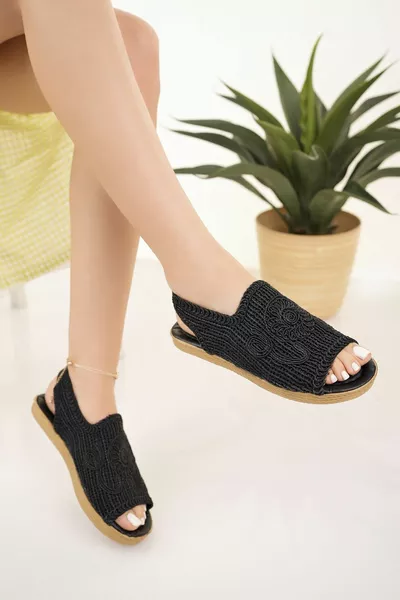 Women's Straw Sandals Black Knitting Lace Knitwear Embroidery New Season Summer Beach Holiday Sandals