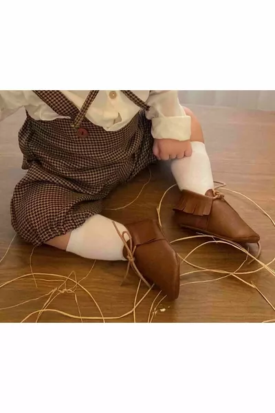 Baby Tugra Handmade Lace-Up Loafers Baby Booties - Coffee