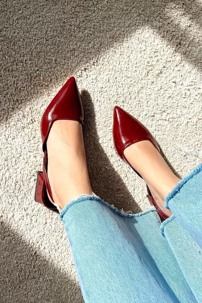 Руж Бордо Лачена Заострен Пръст Къси Токчета Дамски Обувки