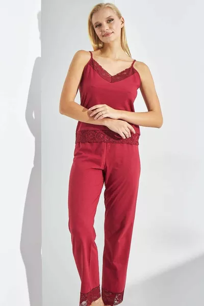 Burgundy Cotton Rope Strap Lace Pajamas Set
