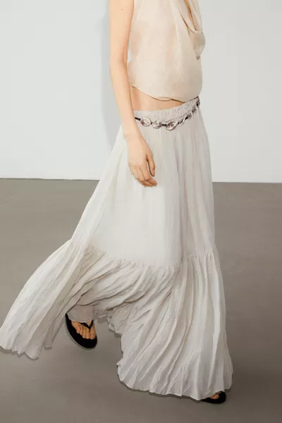 Pleated ramie blend midi skirt