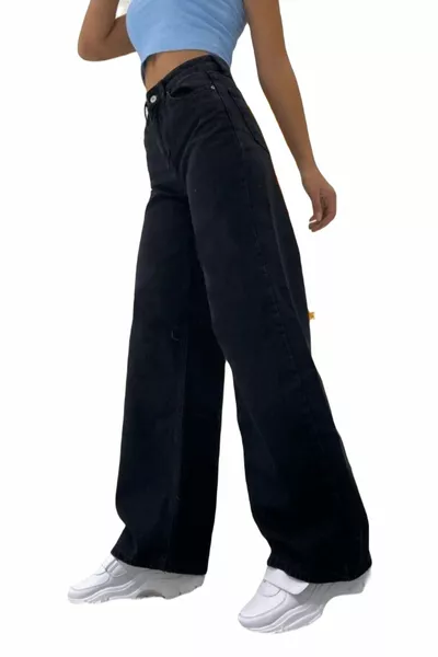 Schwarze Jeans mit weitem Beineffekt und super hoher Taille mit Reißverschluss Shabby Jeans (farbechter Stoff)