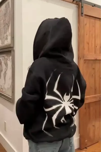 كبير العنكبوت سويت شيرت بسحاب كارديجان - أسود مطبوع جيب كبير الحجم شتوي هوديي