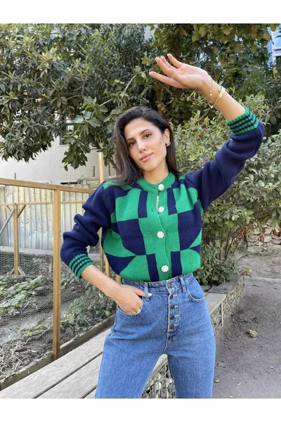 Navy Blue Green Button Knitwear Cardigan