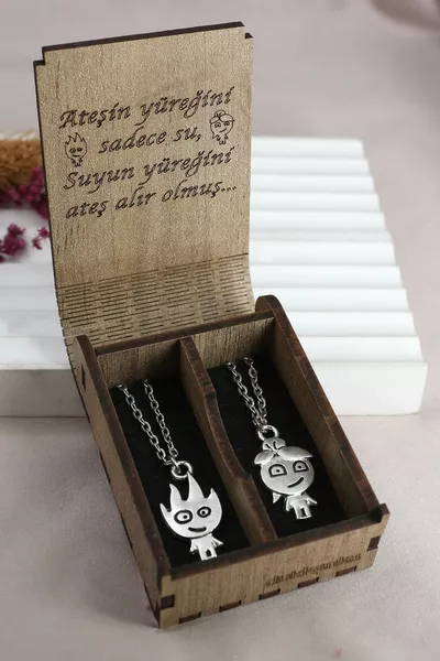 Fire And Water Silver Color Double Valentine Best Metal Necklace Inscribed Gift Boxed