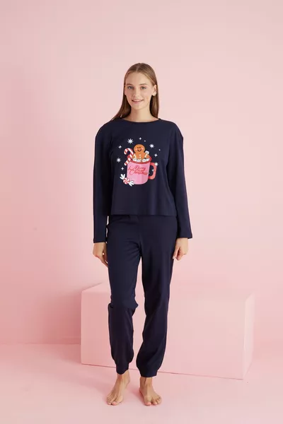 navy blue christmas themed printed Cotton Knitted Pajama 