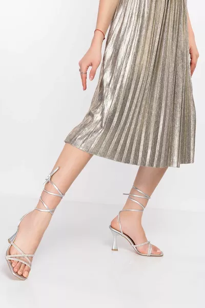 Women's silver stone ankle tie tie welt heels