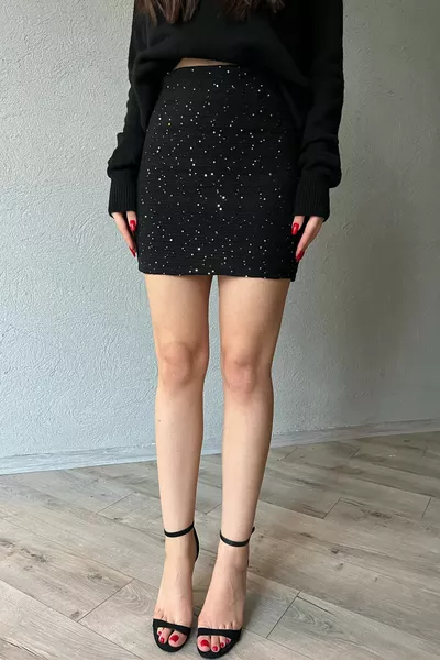 أسود الترتر الخصر مطاط اصطف تنورة صغيرة متماسكة