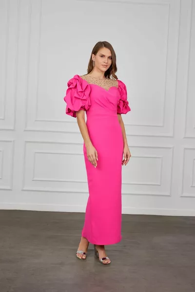 ФУКСИЯ Балон ръкав камък аксесоар цепка подробна вечерна рокля 