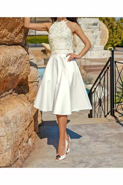 White Midi Length Evening Dress Wedding Engagement Promise Skirt
