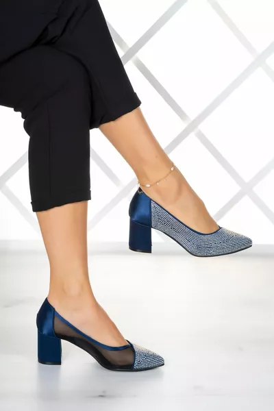 Вечерни обувки Sabrina Navy Blue Satin Mesh Stone с дебел ток 6 см.