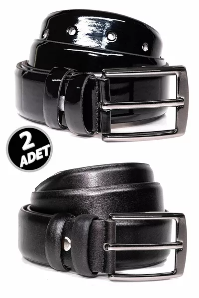 مجموعة حزام رجالي من الجلد النباتي اللامع المكونة من قطعتين - أسود كلاسيكي، تصميم بلا خياطة