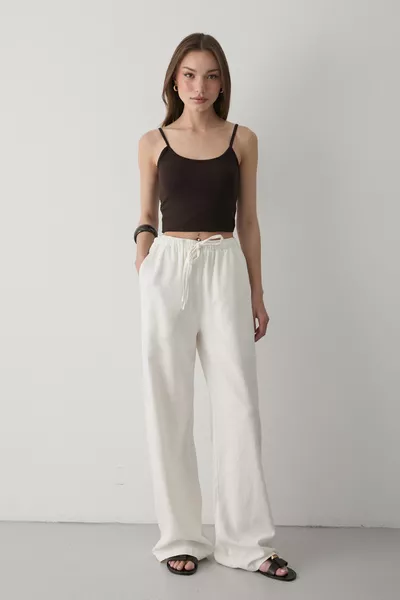 Women's Ecru Lined Elastic Waist Wide-Leg Palazzo Linen Pants