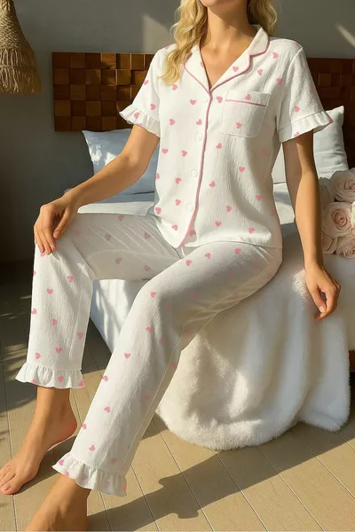 Short Sleeve Pink Heart Print Pajama Set