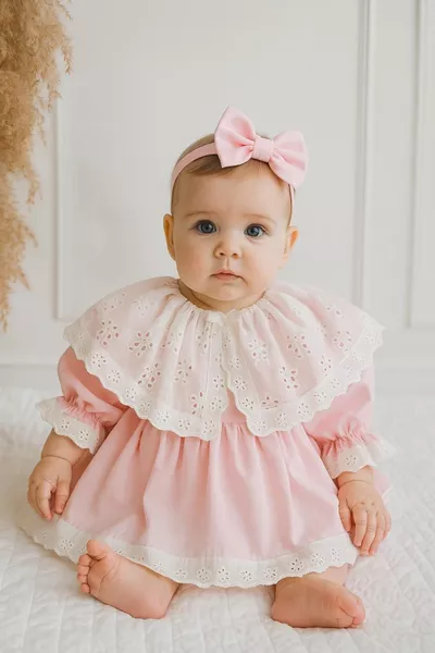 Babykind Wit Linnen Kraag Roze Doopjurk Set