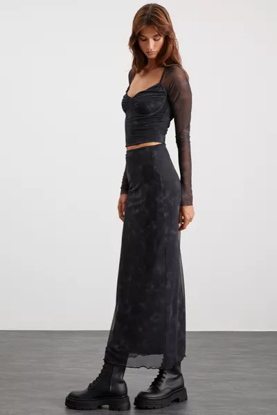 تنورة بيوله للنساء بطول ماكسي مطاط عند الخصر مع تول بلون رمادي غامق