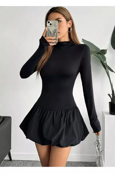 فستان نسائي بياقة عالية وتنورة منفوشة قصيرة، موسم الربيع والخريف والشتاء