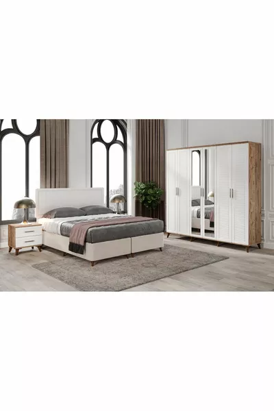 طقم غرفة نوم كامل من MDF باريس بستة أبواب، خشب صنوبر أتلانتيك-أبيض (مع قاعدة)