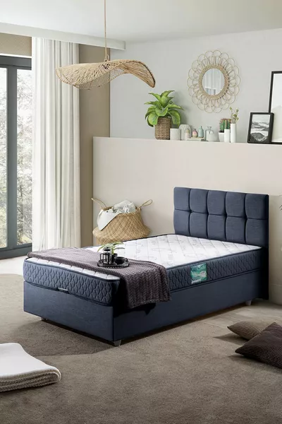Berlin Eenpersoonsbed met Onderstel en Hoofdbord Comfort Matras Set, Donkerblauw
