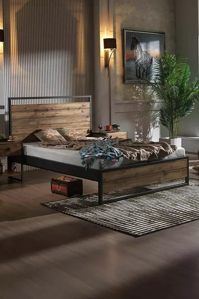 Lit double en métal Ariane avec lattes en bois Noir (LATTES EN BOIS)