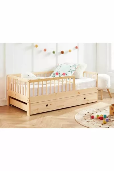 سرير مونتيسوري خشبي مع سرير جانبي - سرير جانبي للأطفال - سرير مونتيسوري