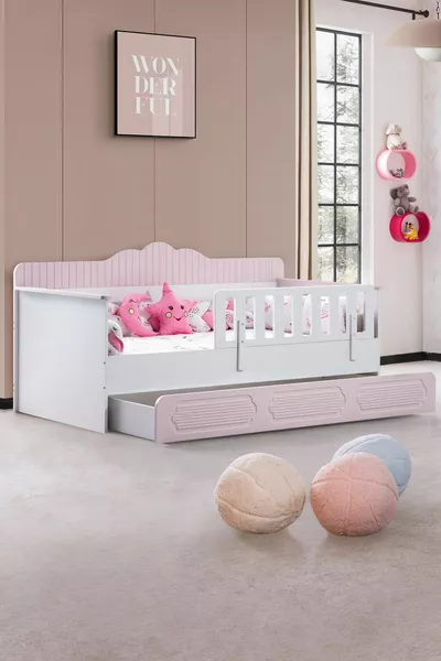 سرير أطفال مع سرير سفلي، سرير مونتيسوري للأطفال مع سرير سفلي - وردي