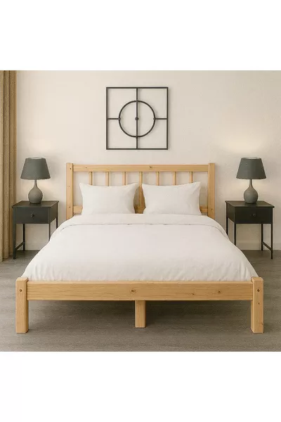 Doğal Masif Ahşap YUVARLAK ÇITALI Başlıklı Karyola Doğal Ahşap NATURAL RENK