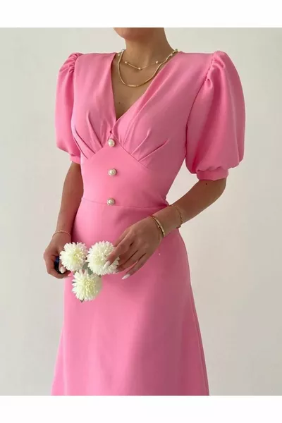 المرأة ميديبوي اللباس أزرار الانقسام بالون الأكمام اللباس