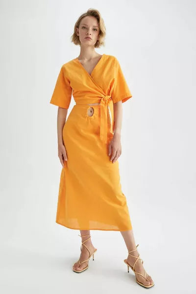 مستقيم صالح عادي الخصر الكتان مزيج تنورة ميدي sm