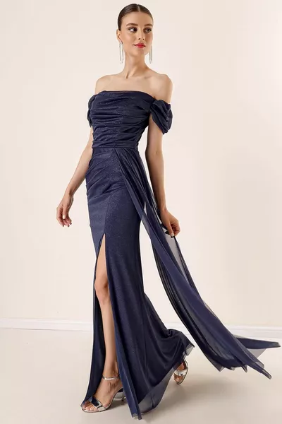 فستان طويل لامع برباط تضييق أمامي بطانة بأكمام سفلية، أزرق كحلي