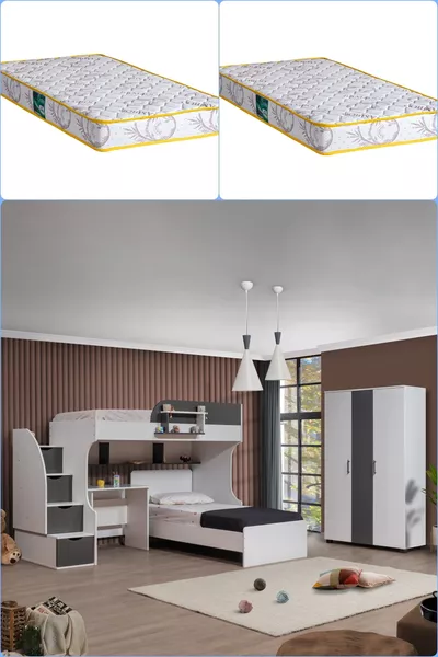 سرير بطابقين، سرير أورا بطابقين مع طاولة وخزانة بثلاث أبواب + مرتبتان مريحان