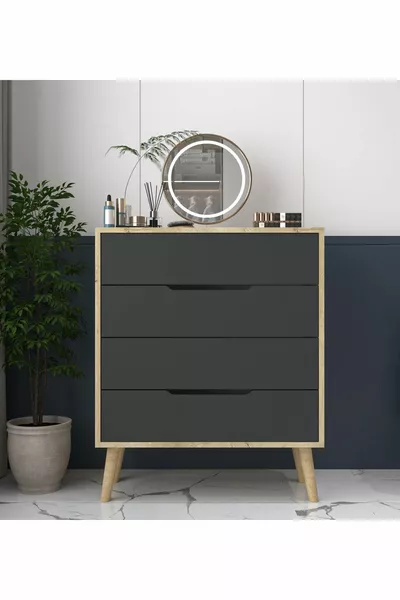 Flora Şifonyer 4 Çekmeceli Yatak Odası Bebek Odası Safir Meşe-Antrasit