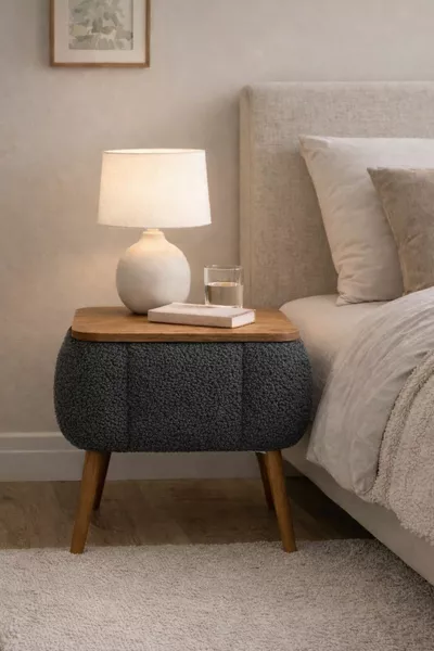 Нощно шкафче Lina Sandıklı, модерно нощно шкафче с дървени крачета и тапицерия от плат Teddy