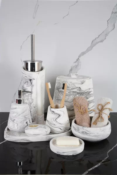 Ensemble de salle de bain en béton à motif marbre de  pièces Porte-savon solide et liquide, porte-brosse à dents, poubelle, bougeoir, plateau
