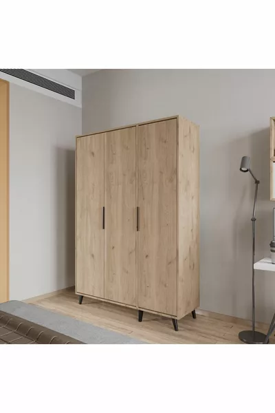 Mobilya Aden Dreitüriger Kleiderschrank (VOLLKORB) Großer Kleiderschrank, Schrank für Kleidung, mit Regalen