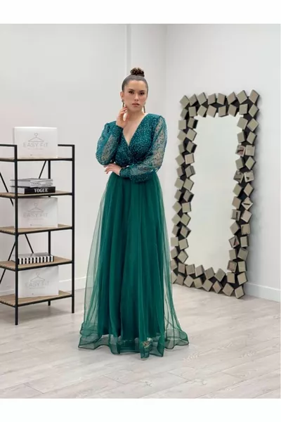 فستان بياقة مزدوجة من القماش اللامع - أخضر زمردي