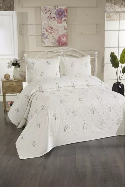 Pinkrose Nakışlı Şönil 3 Parça Çift Kişilik Yatak Örtüsü Krem
