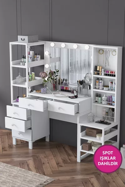 Rani Tavolo da Trucco con Specchio Illuminato in Stile Hollywood, 5 Cassetti e Ripiani Aperti, Organizer per Gioielli Bianco