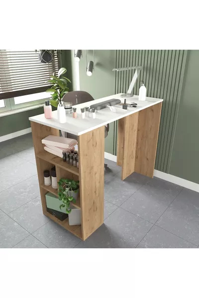 Pan Makeup Table, Manicure Table, White with Shelves - Basket